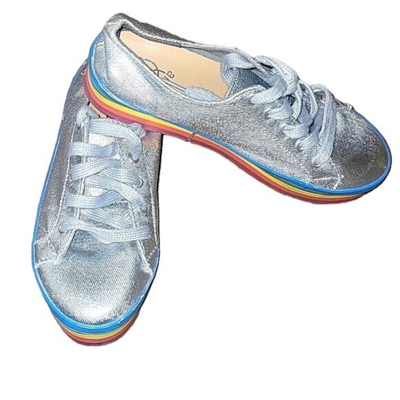 Silver Rainbow Stripe Platform Sneakers Art Class Womens Size 5 Canvas Casual Sh - Picture 1 of 7